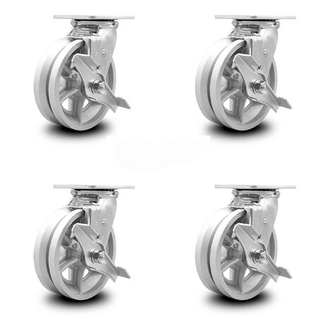 Service Caster 6 Inch V Groove Semi Steel Swivel Caster Set with Roller Bearings and Brakes SCC SCC-30CS620-VGR-TLB-4